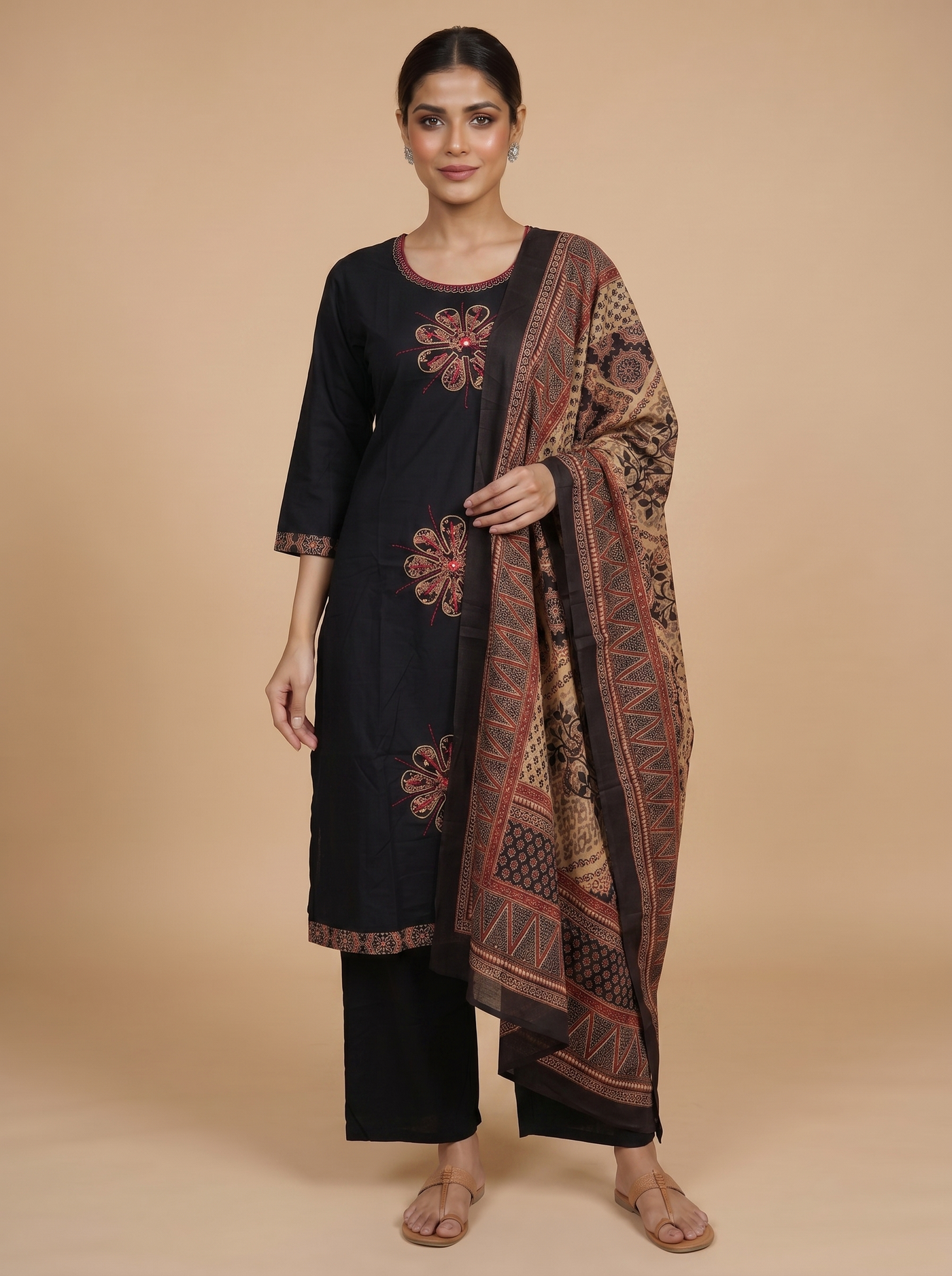 Black with Beige and Red Dupatta Ready Made Salwar Suit