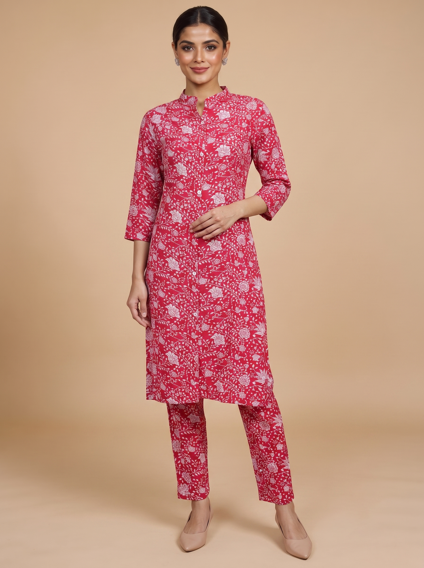 Red Floral Print Cotton Kurti Set
