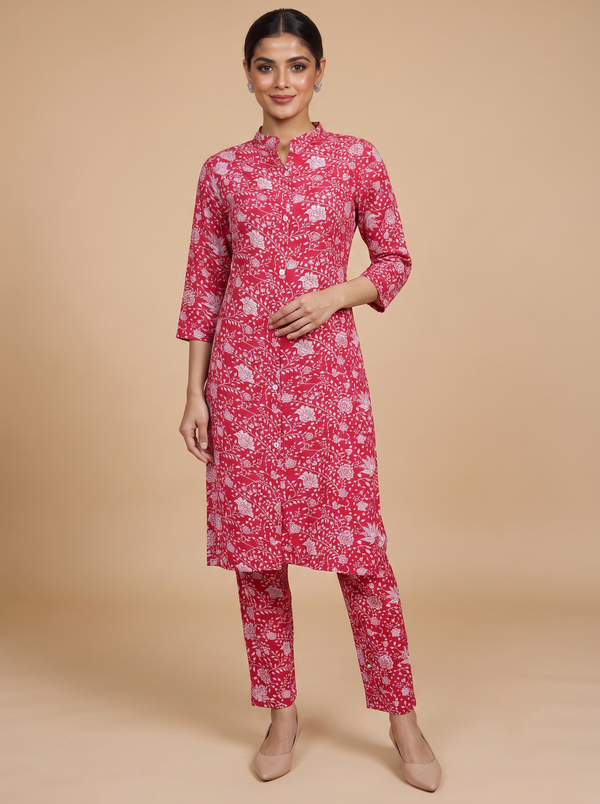 Red Floral Print Cotton Kurti Set