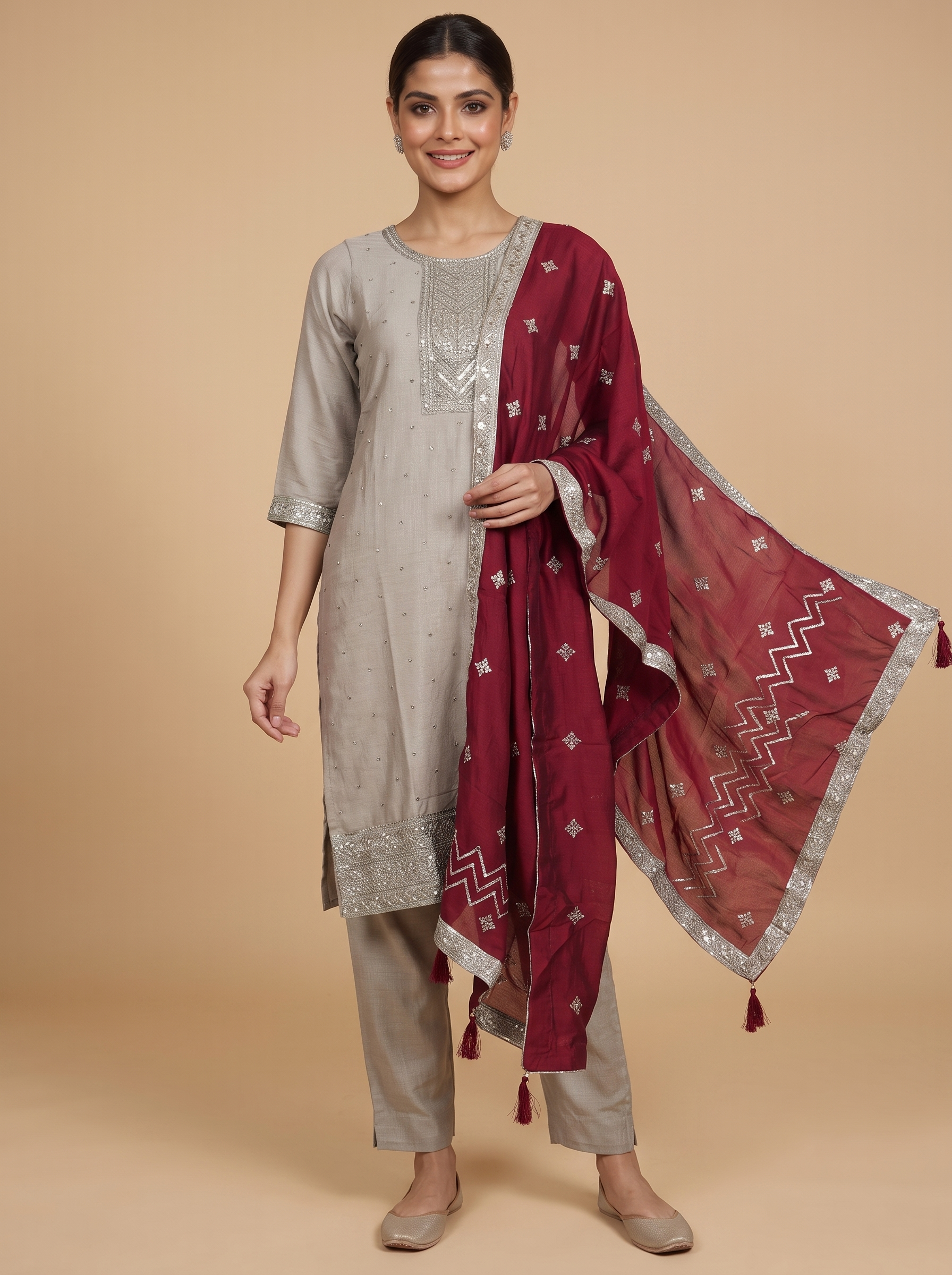 Grey with Maroon Dupatta Ready Made Kurti Set