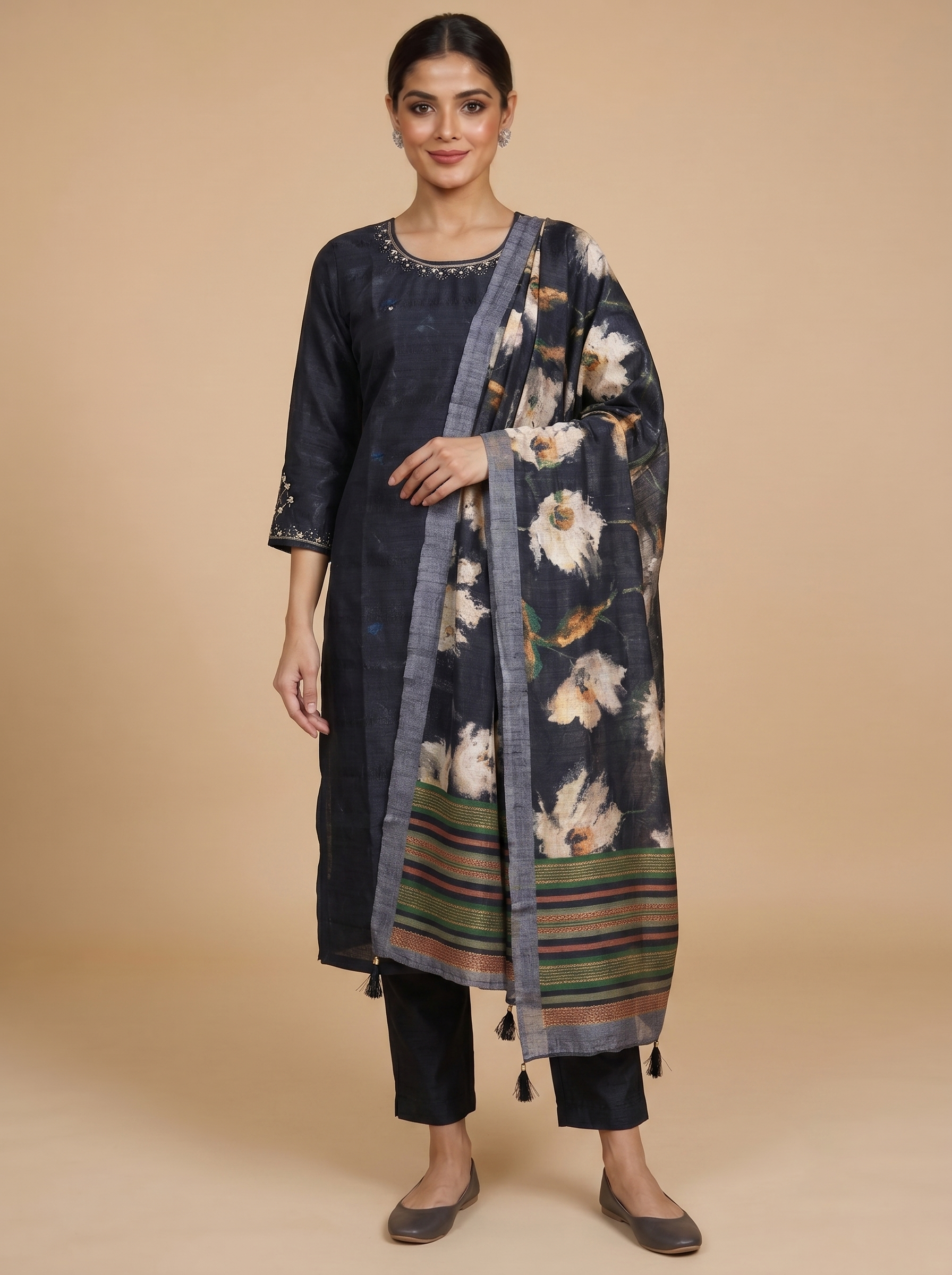 Navy Blue with Multicolor Floral Dupatta Ready Made Salwar Suit