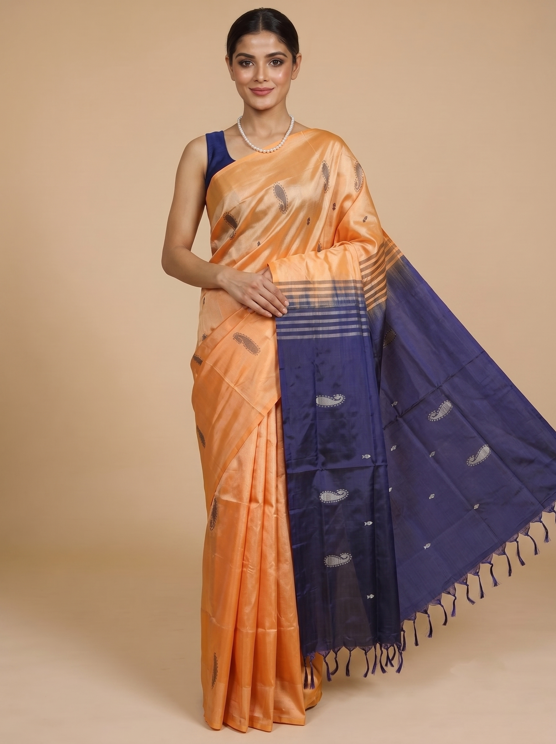 Peach with Royal Blue Vaalai Naar Pattu Saree