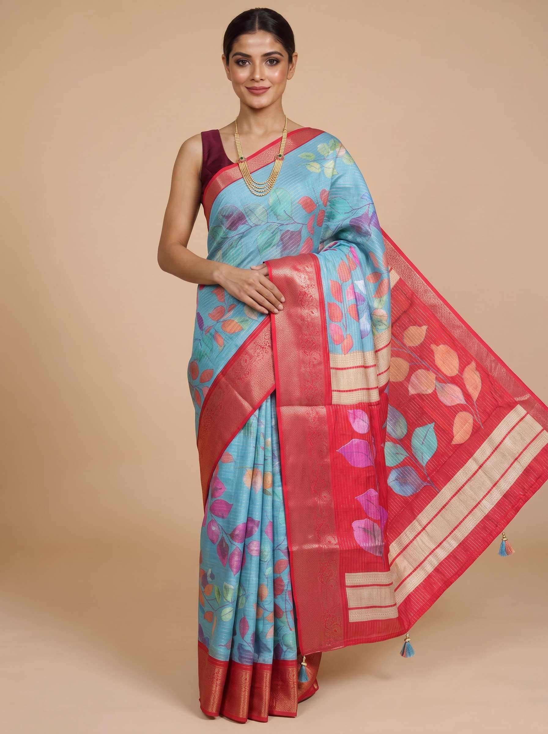 Sky Blue with Crimson Red - Semi Raw Silk Saree
