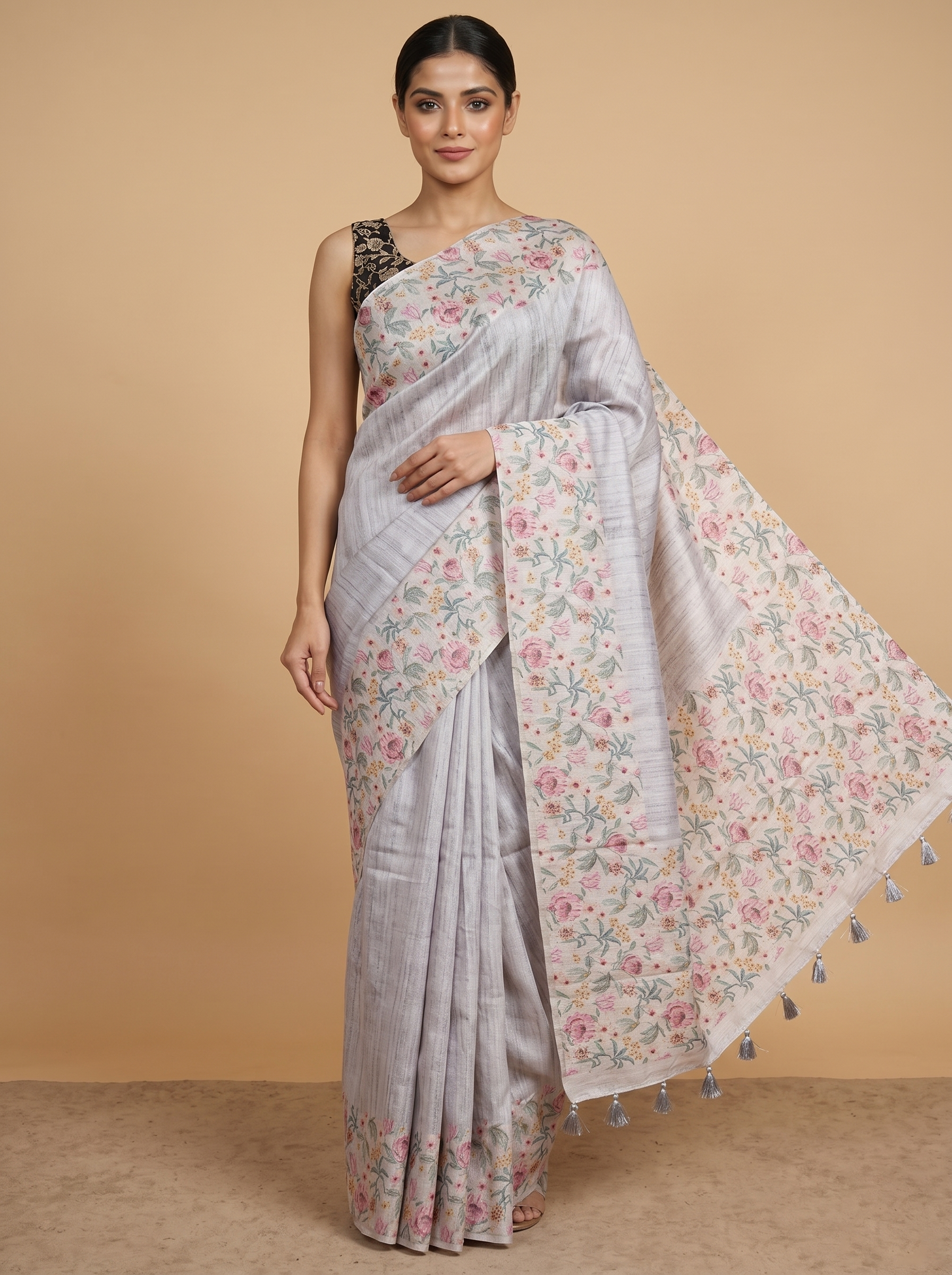 Off-White and Light Grey with Floral Printed Munthi Dola Silk Saree