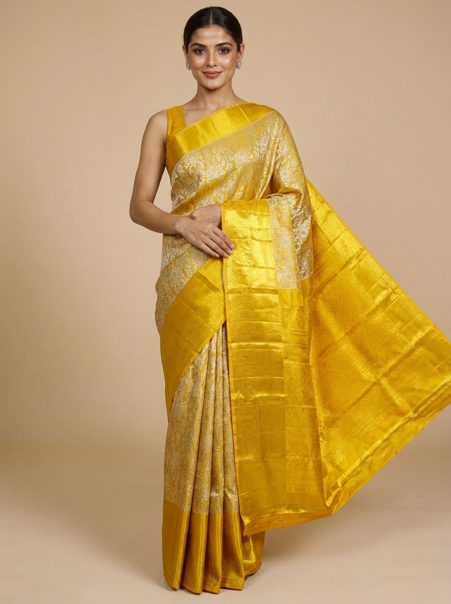 Radiant Mustard Yellow and Off-White Kanjivaram Silk Saree