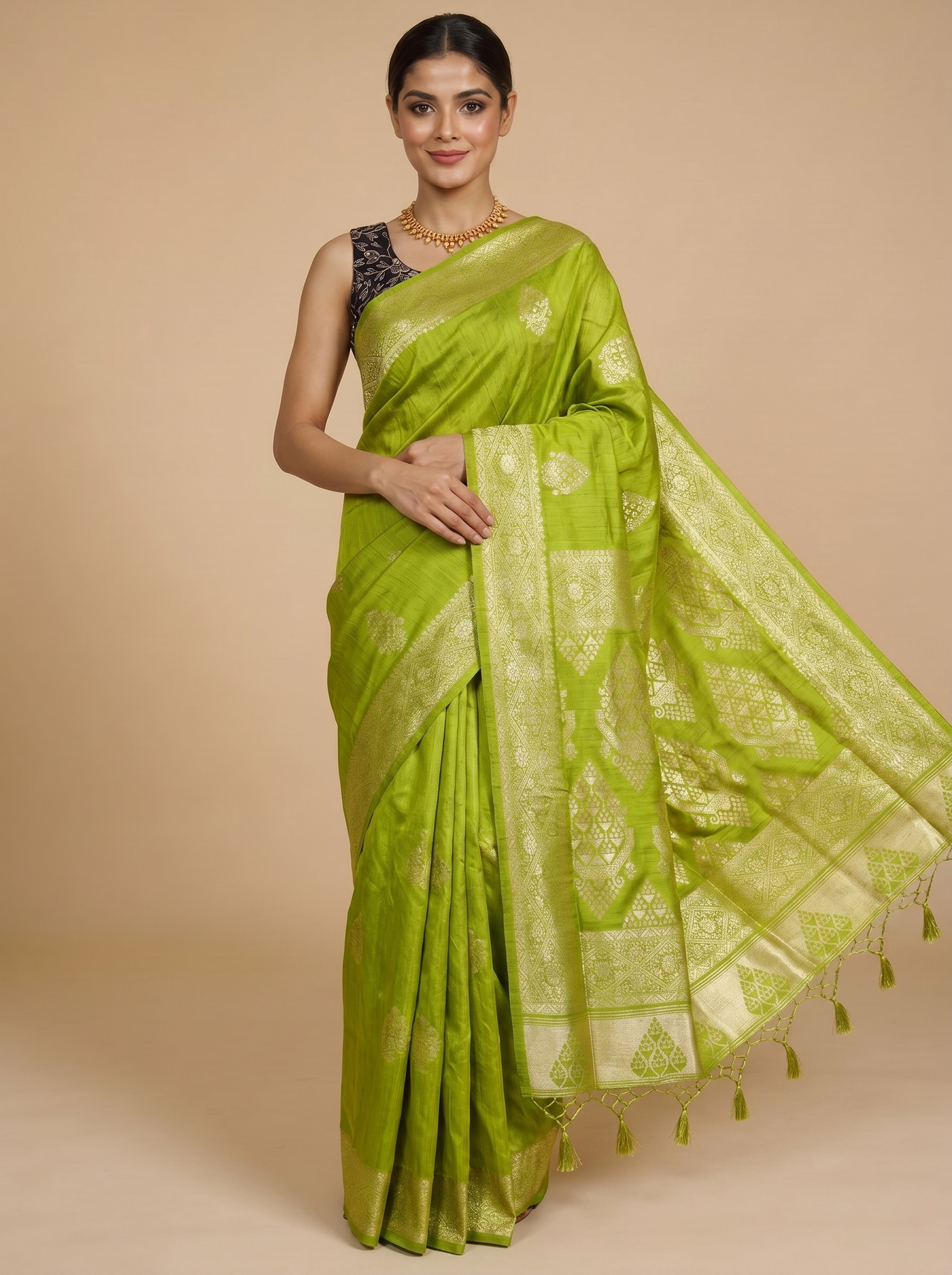 Lime Green with Gold - Semi Tussar Saree