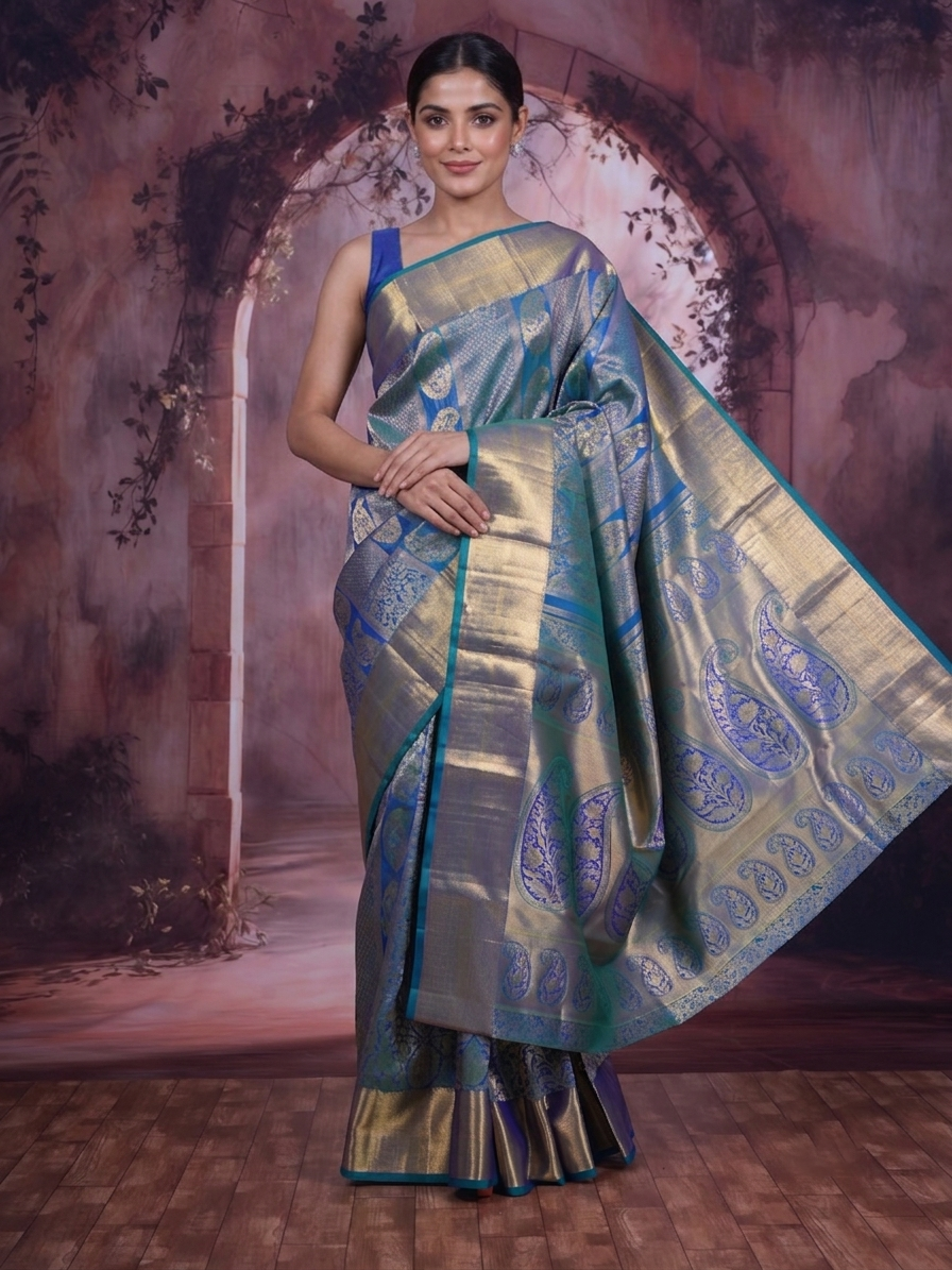 Peacock Blue and Rama Green Kanchipuram Silk Saree