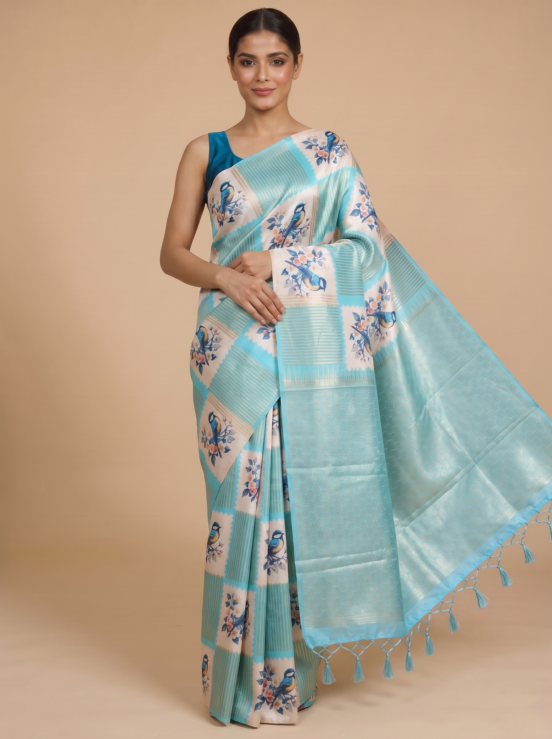 The "Cyan Horizon  blue and pastel cream " Bird Motif  Semi-Tussar Saree