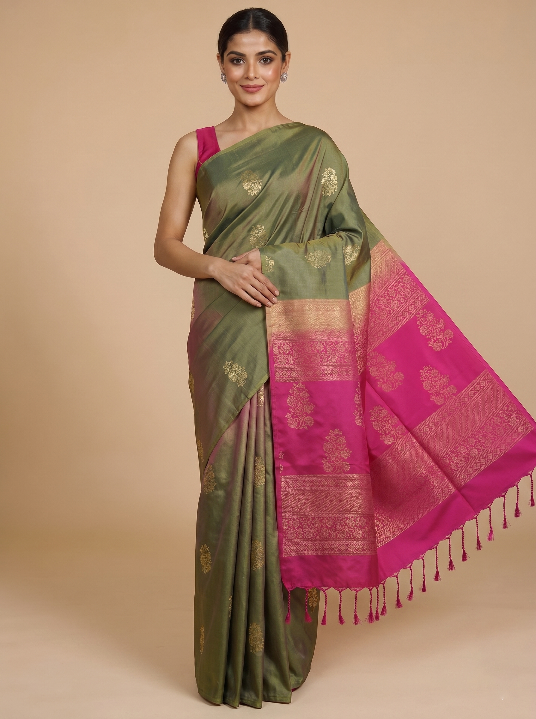 Olive Green with Magenta Pink - Semi Silk Saree