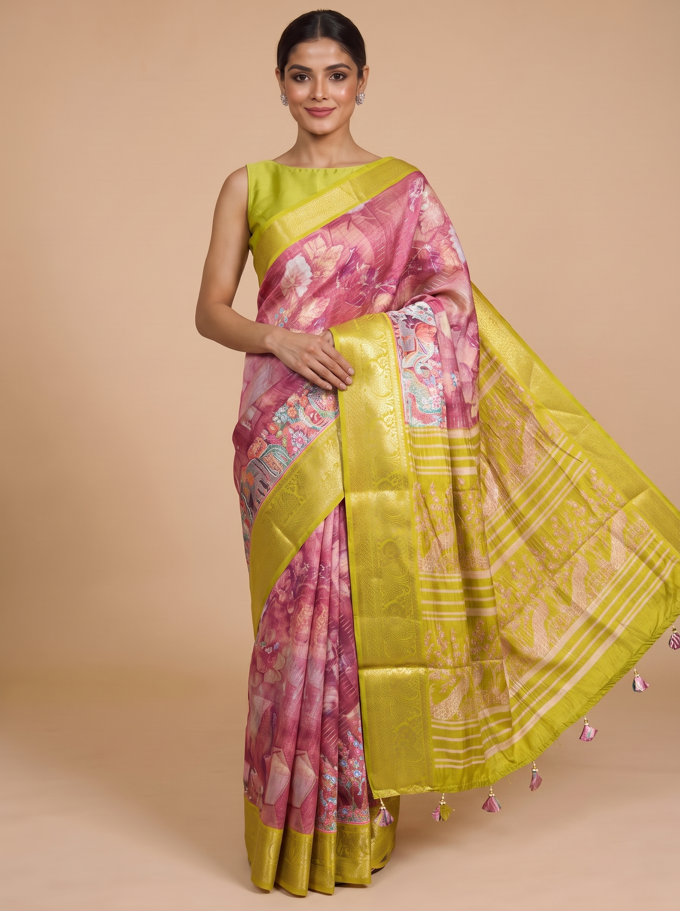 Mauve Pink with Olive Green - Semi Raw Silk Saree