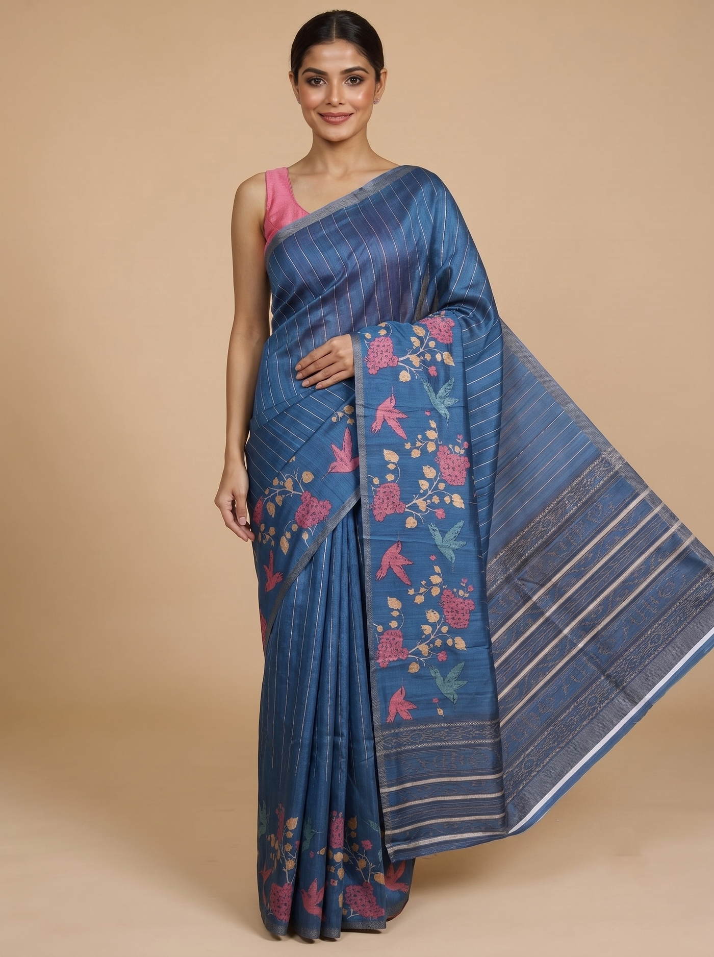 Steel Blue with Zari Stripes Pallu - Semi Tussar Saree
