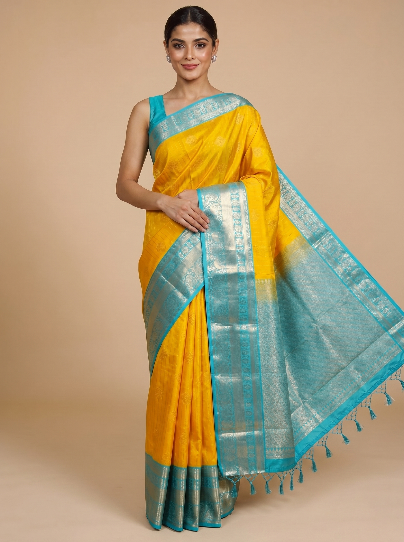 Vibrant Mustard Yellow & Turquoise Blue Pure Silk Saree
