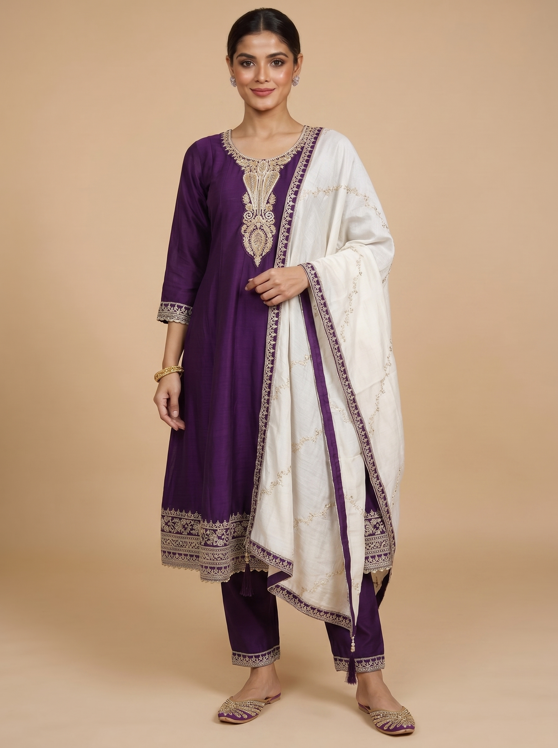 Deep Purple with Off-White Dupatta Ready Made Salwar Suit