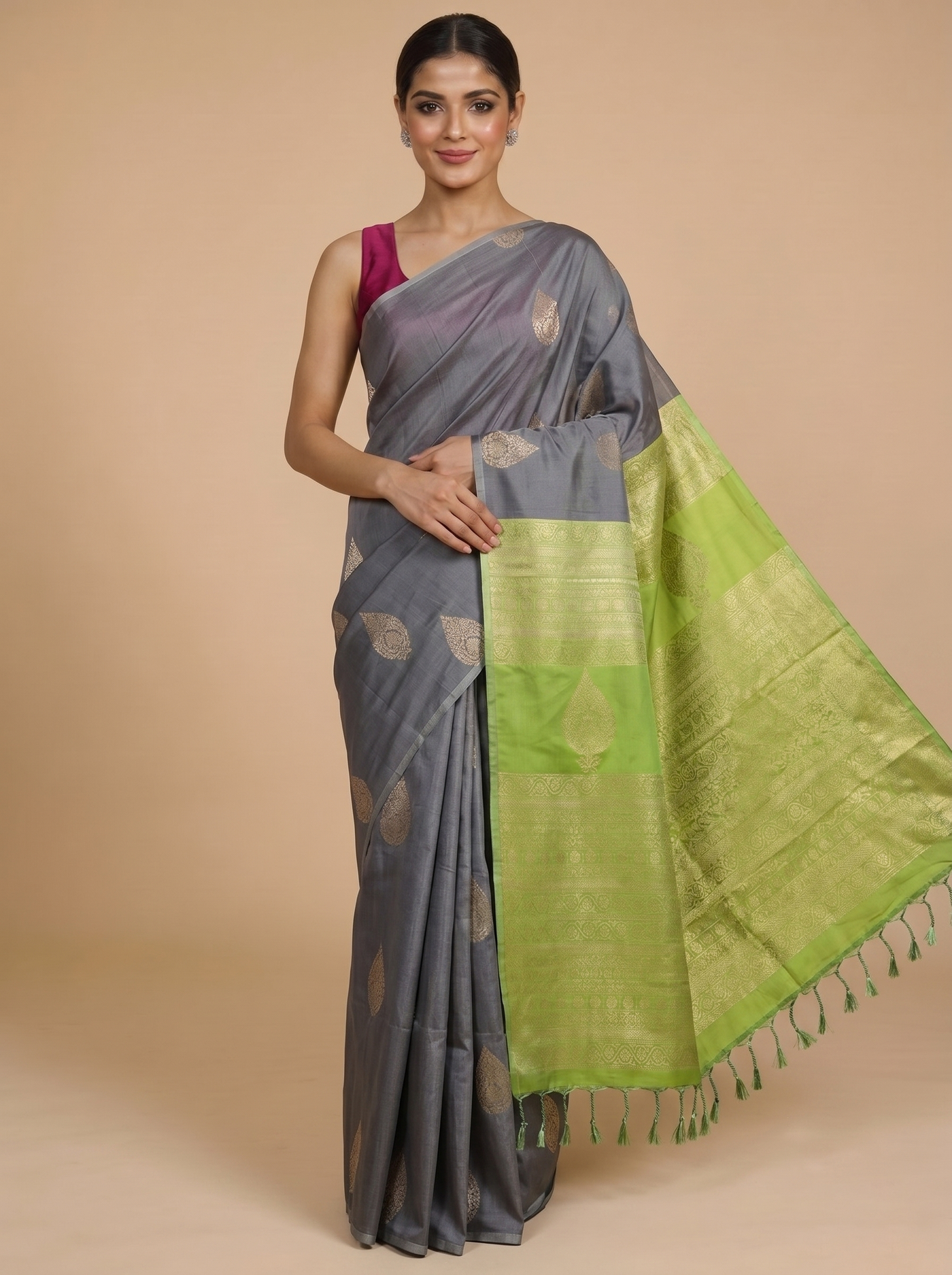Grey with Lime Green - Semi Silk Saree