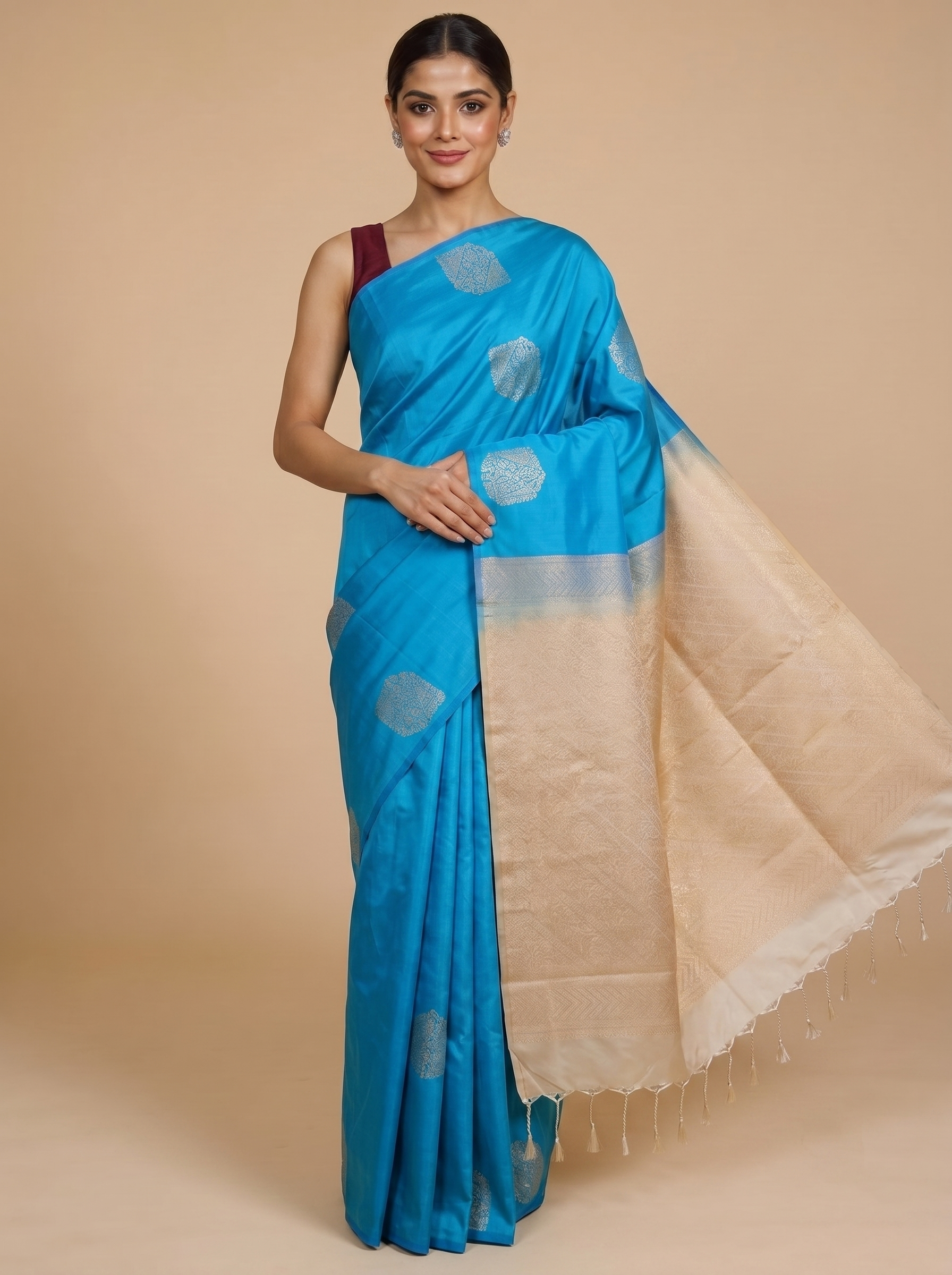 Sky Blue with Cream - Semi Silk Saree