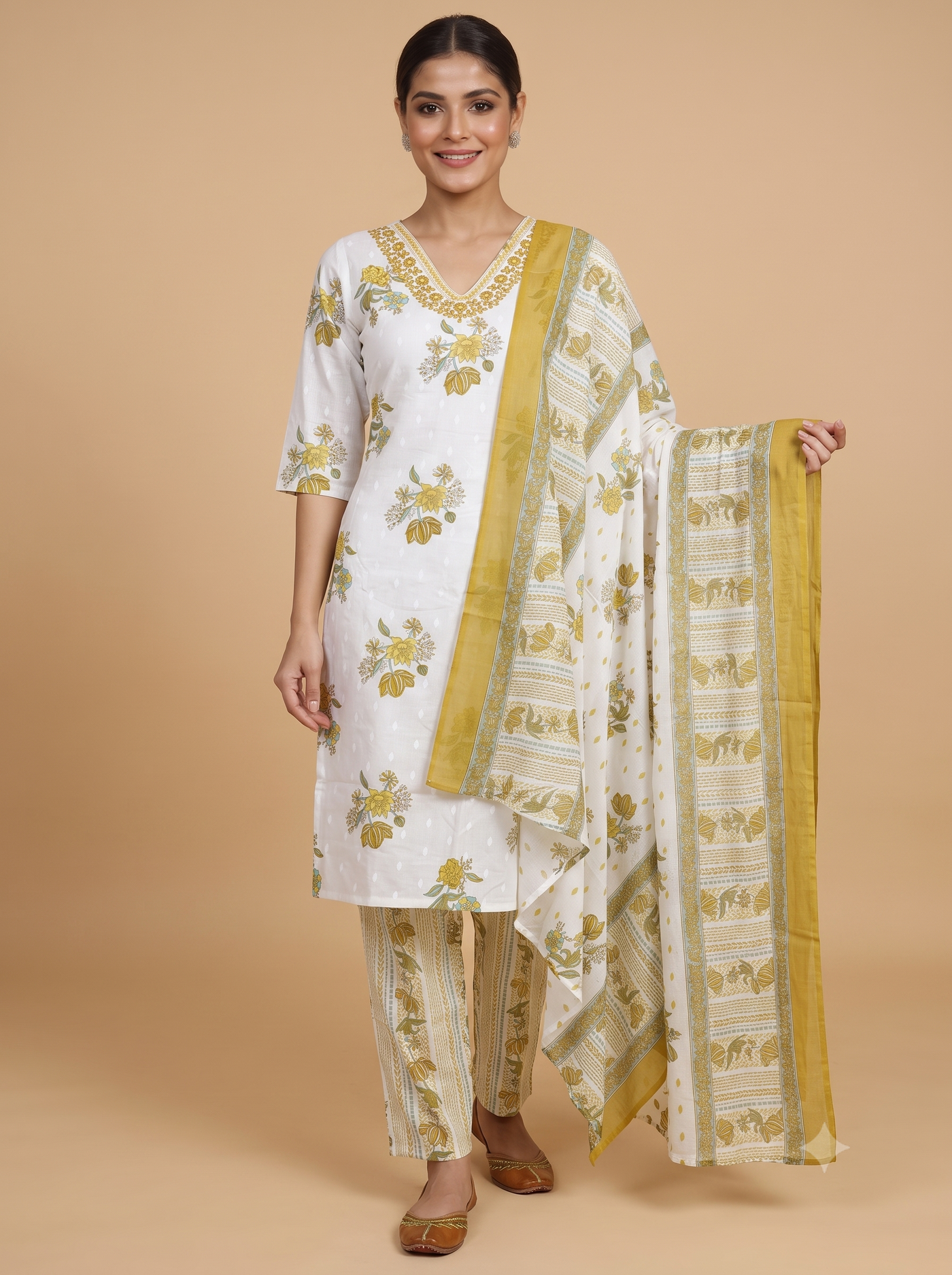 White and Olive Green Floral Print Anarkali Set