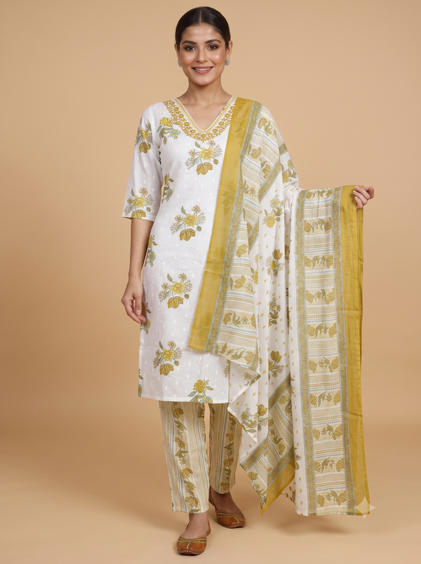 White and Olive Green Floral Print Anarkali Set
