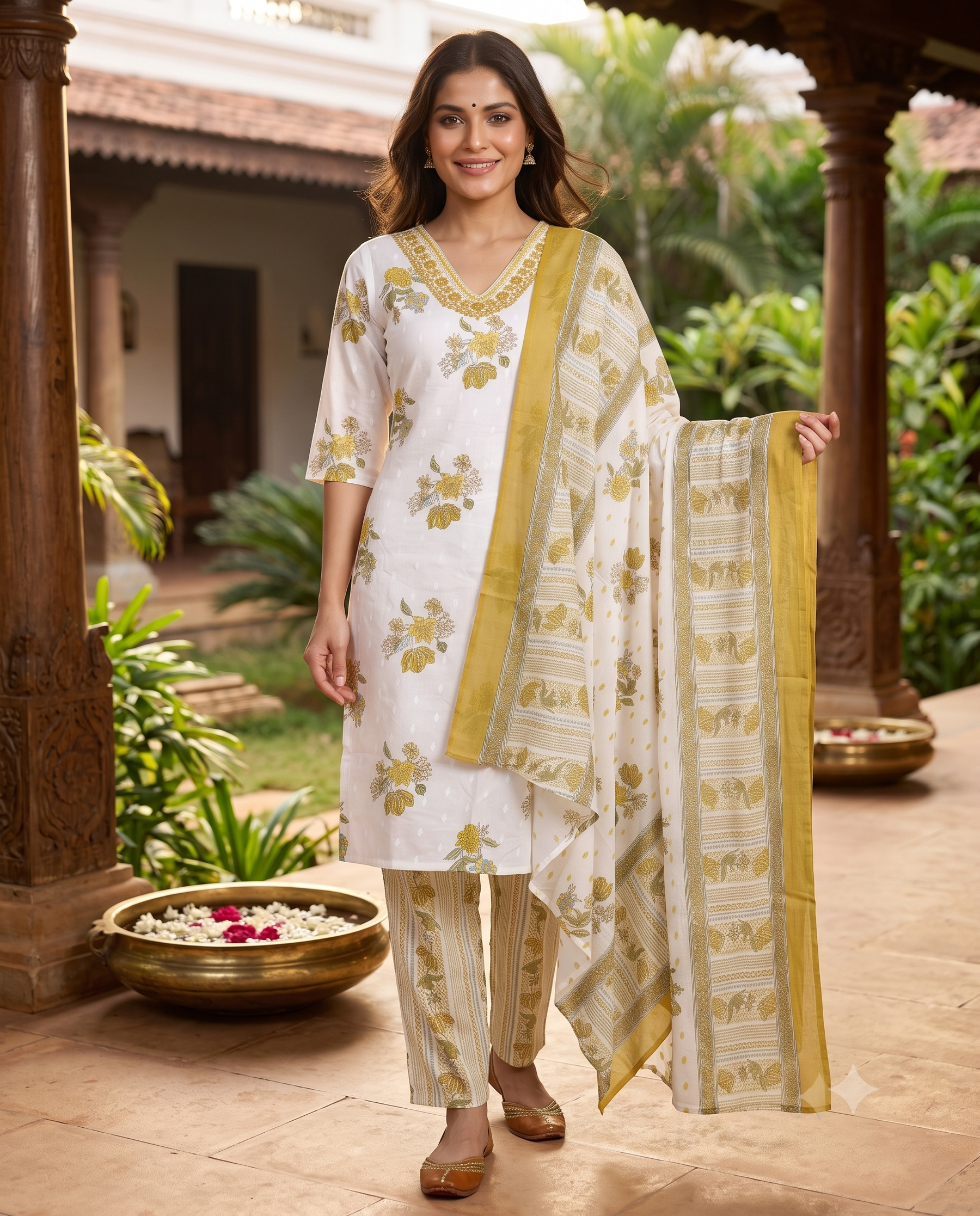 White and Olive Green Floral Print Anarkali Set