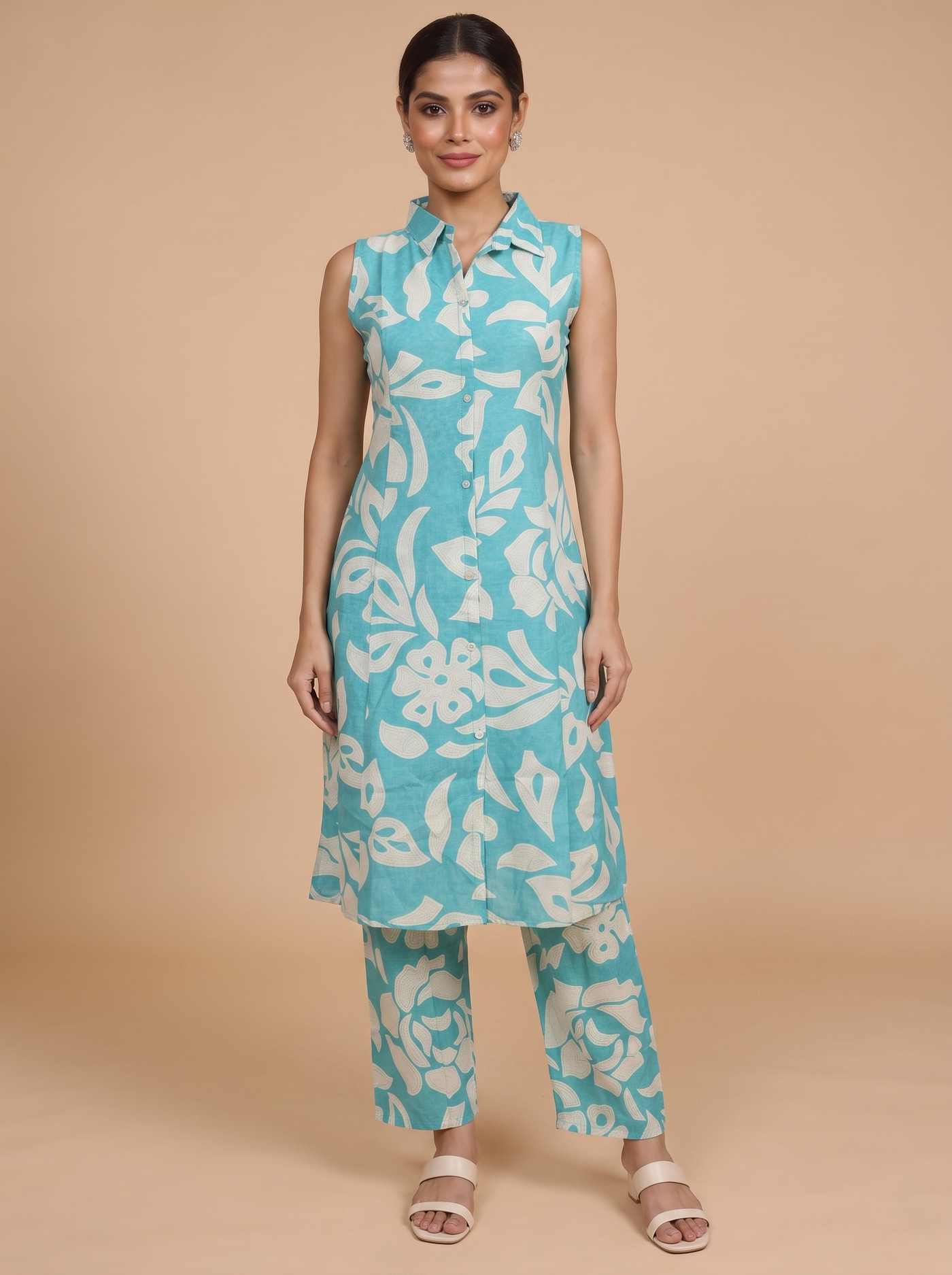 Turquoise Blue Floral Printed Cotton Co-ord Set