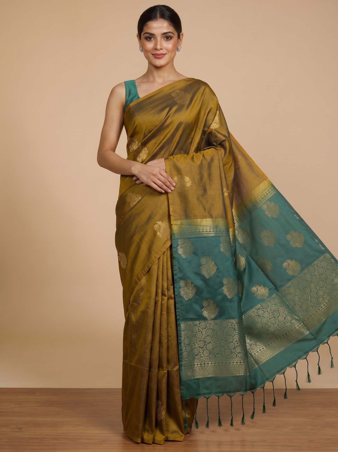 Olive Green with Teal Blue Pallu  Semi Silk Saree