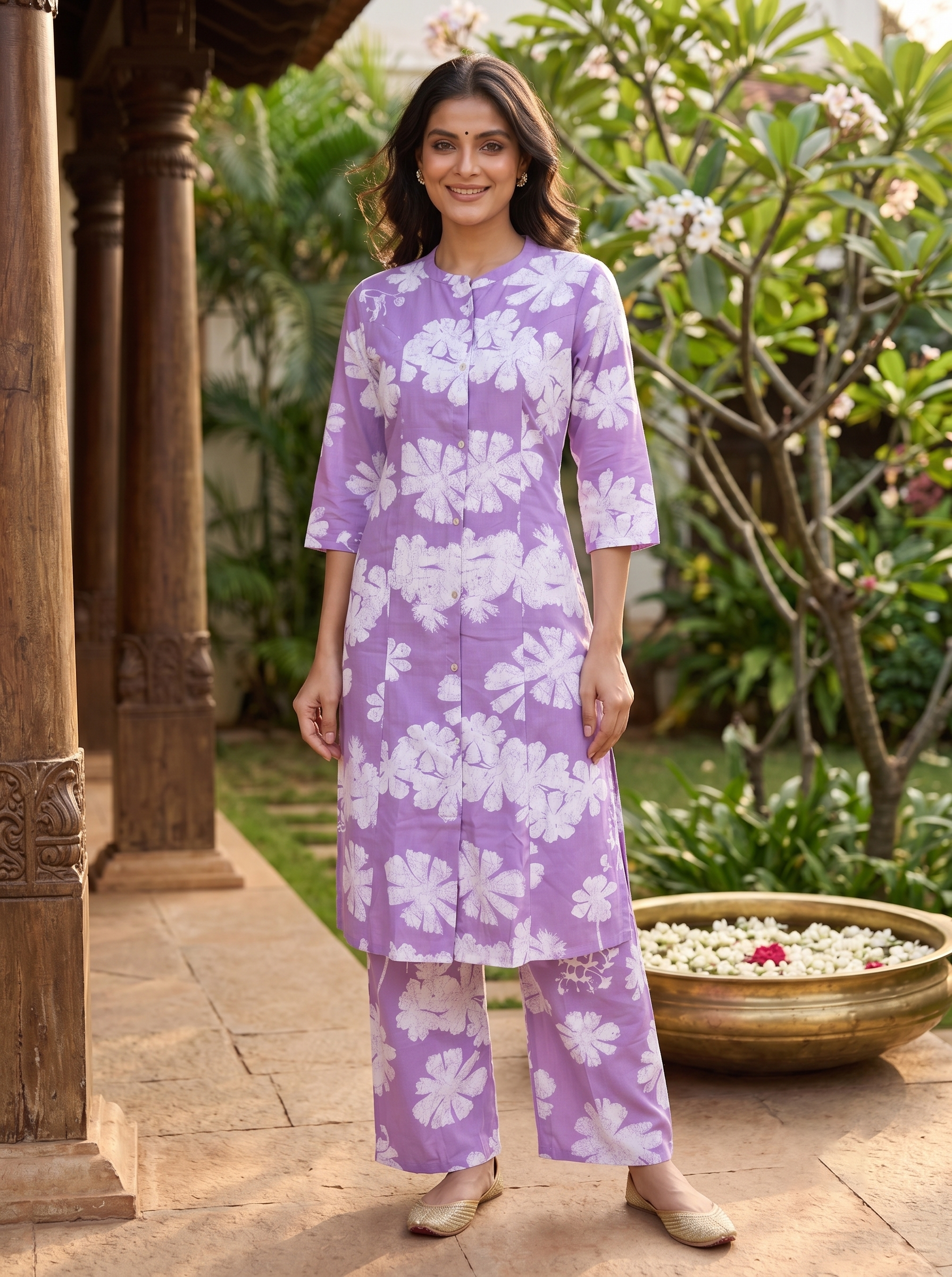 Lavender Floral Cotton Kurti Set