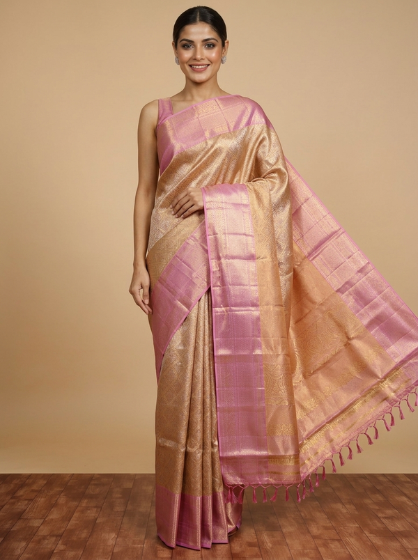 Pastel Onion Pink and Metallic Gold Kanchipuram Silk Saree