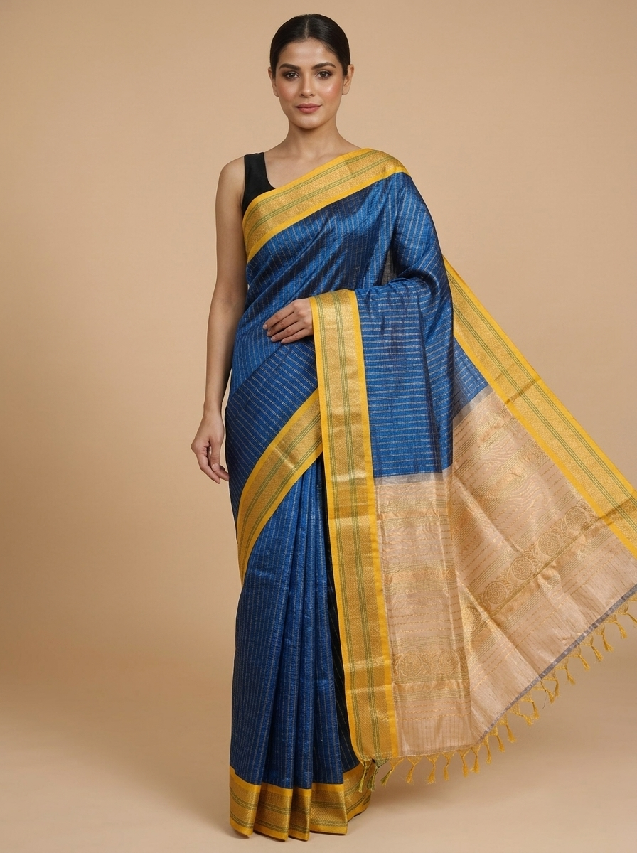 Royal Blue Pure Silk Cotton Saree with Mustard Yellow Zari Border