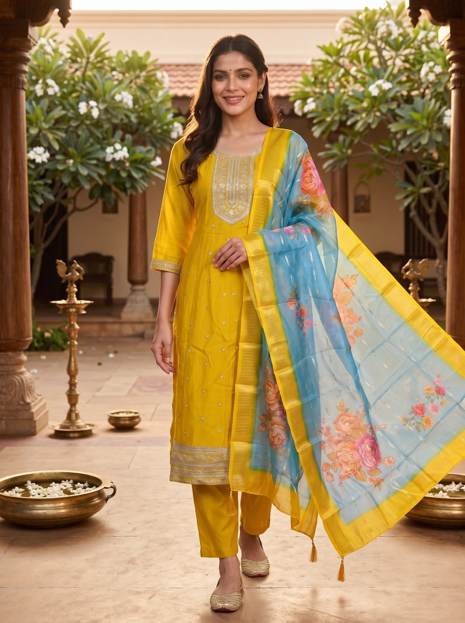 Mustard Yellow with Sky Blue Dupatta Anarkali Set
