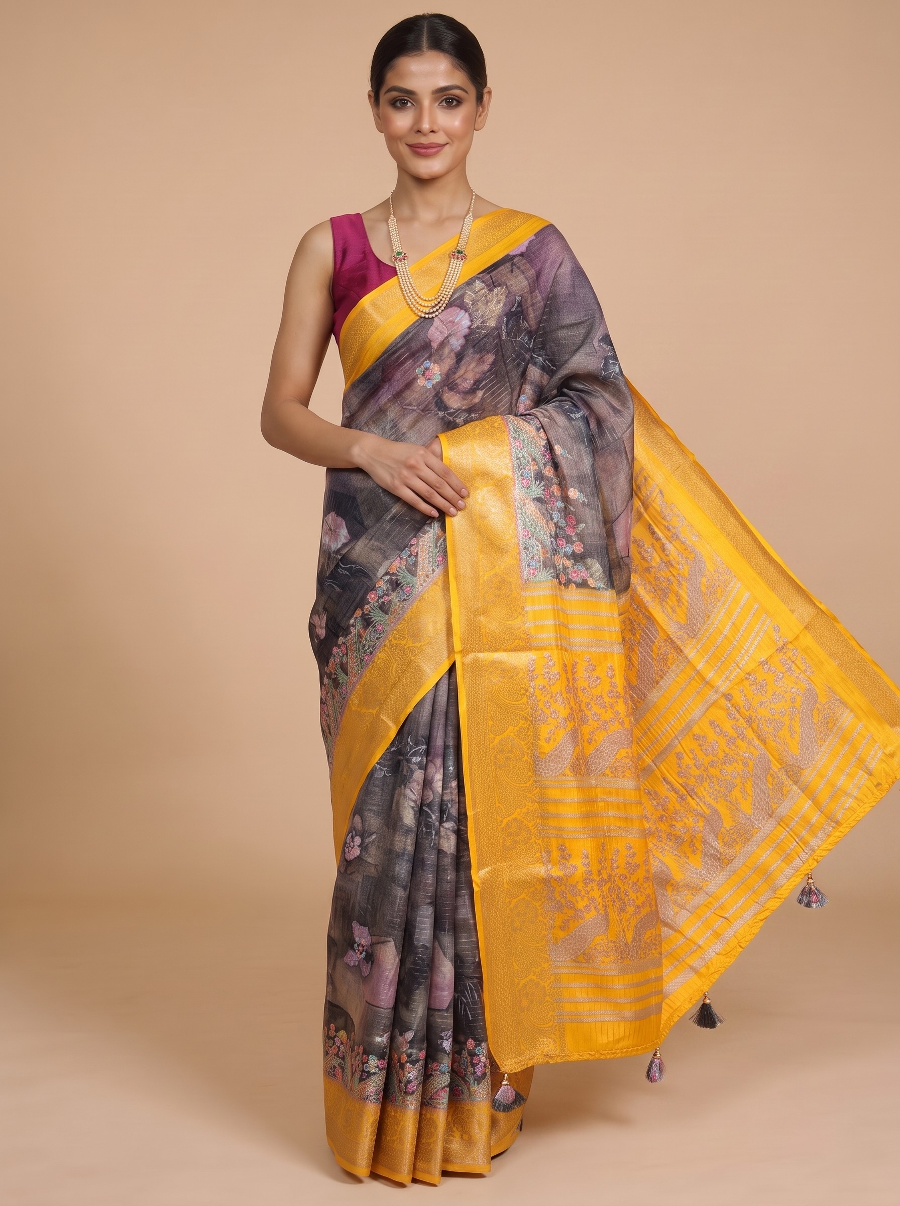 Charcoal Grey with Golden Yellow - Semi Raw Silk Saree