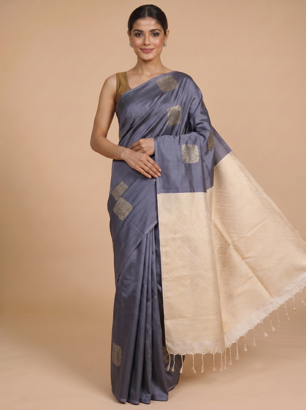 Grey with Cream - Semi Silk Saree