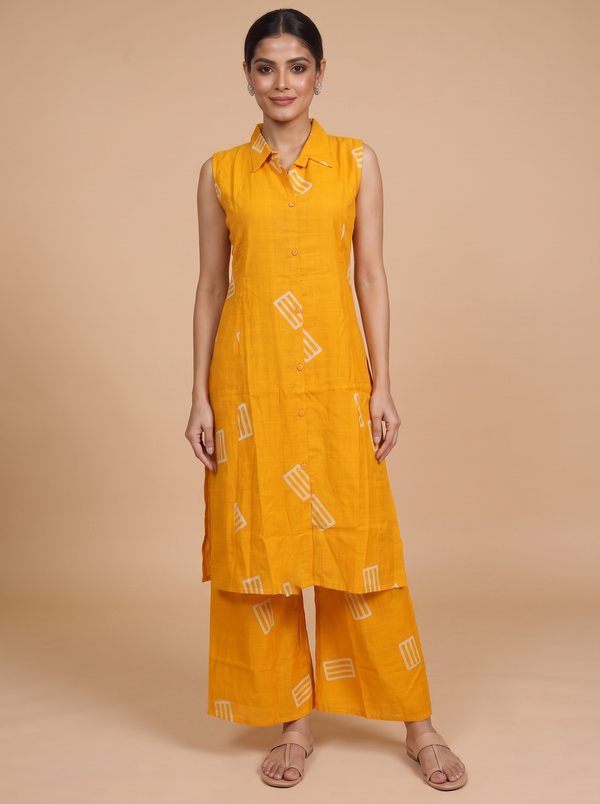 Mustard Yellow Geometric Print Cotton Co-ord Set