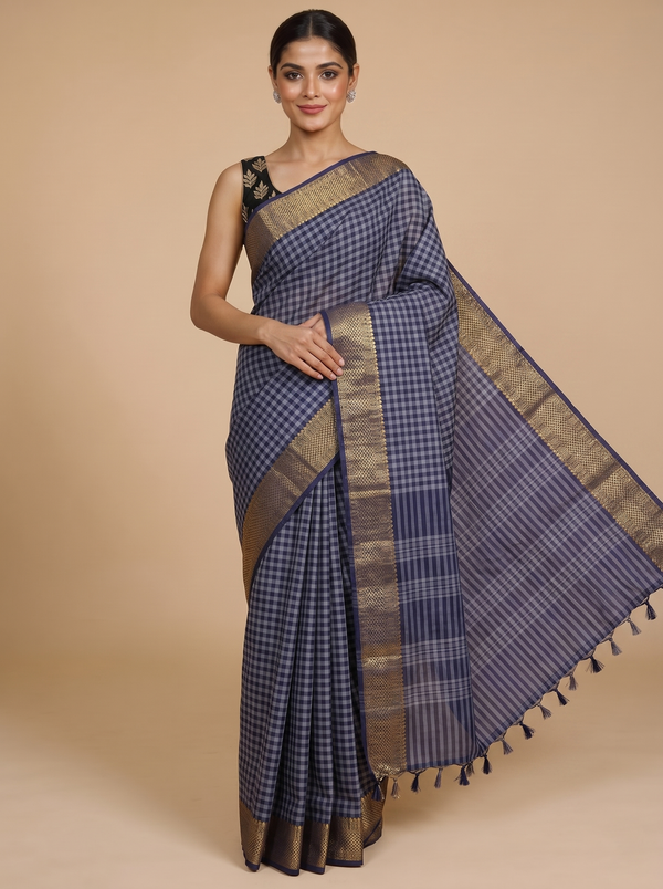 Blue and Grey Checked Chettinad Cotton Saree