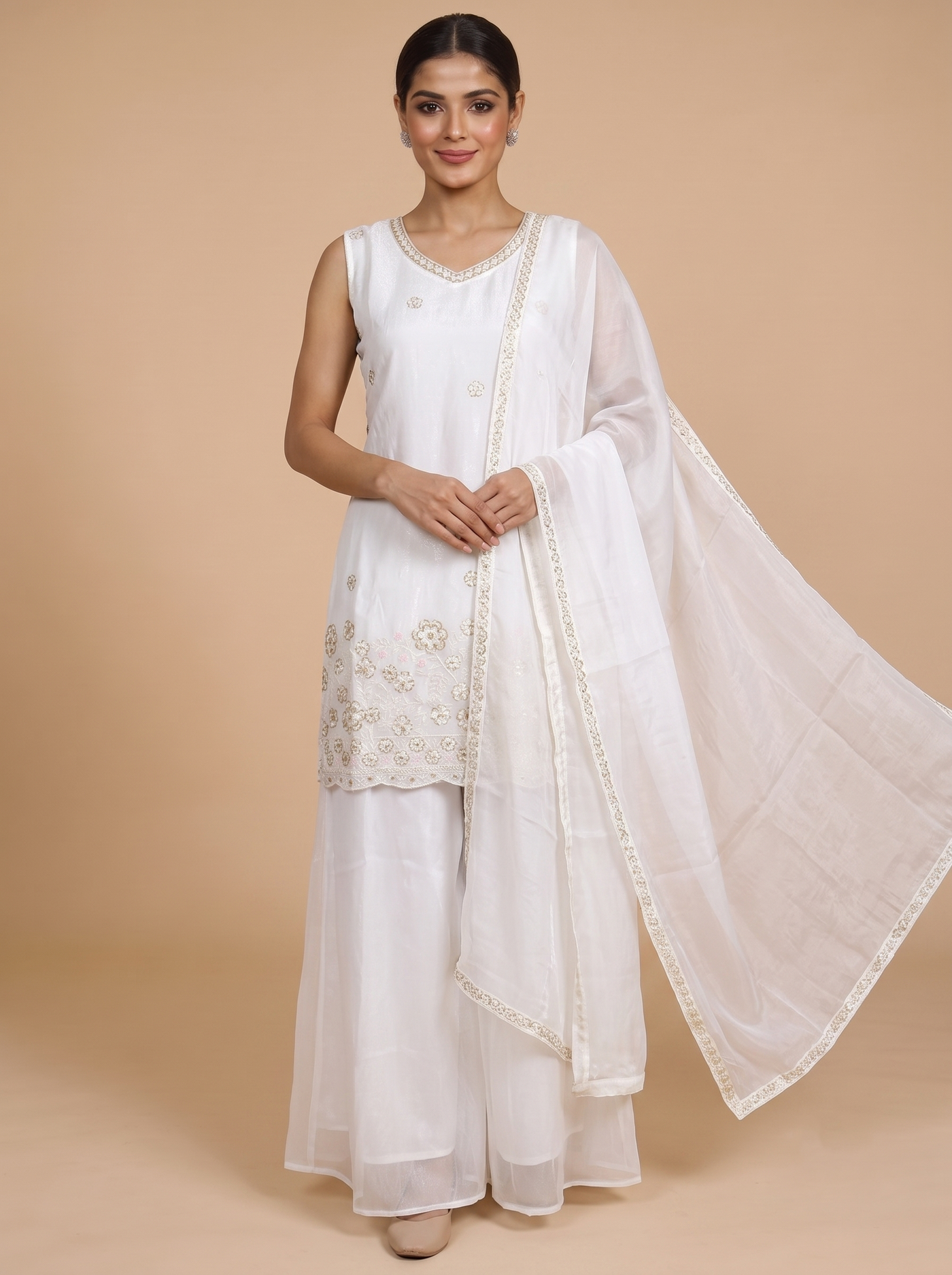Off-White with Off-White floral Dupatta Ready Made Kurti Set