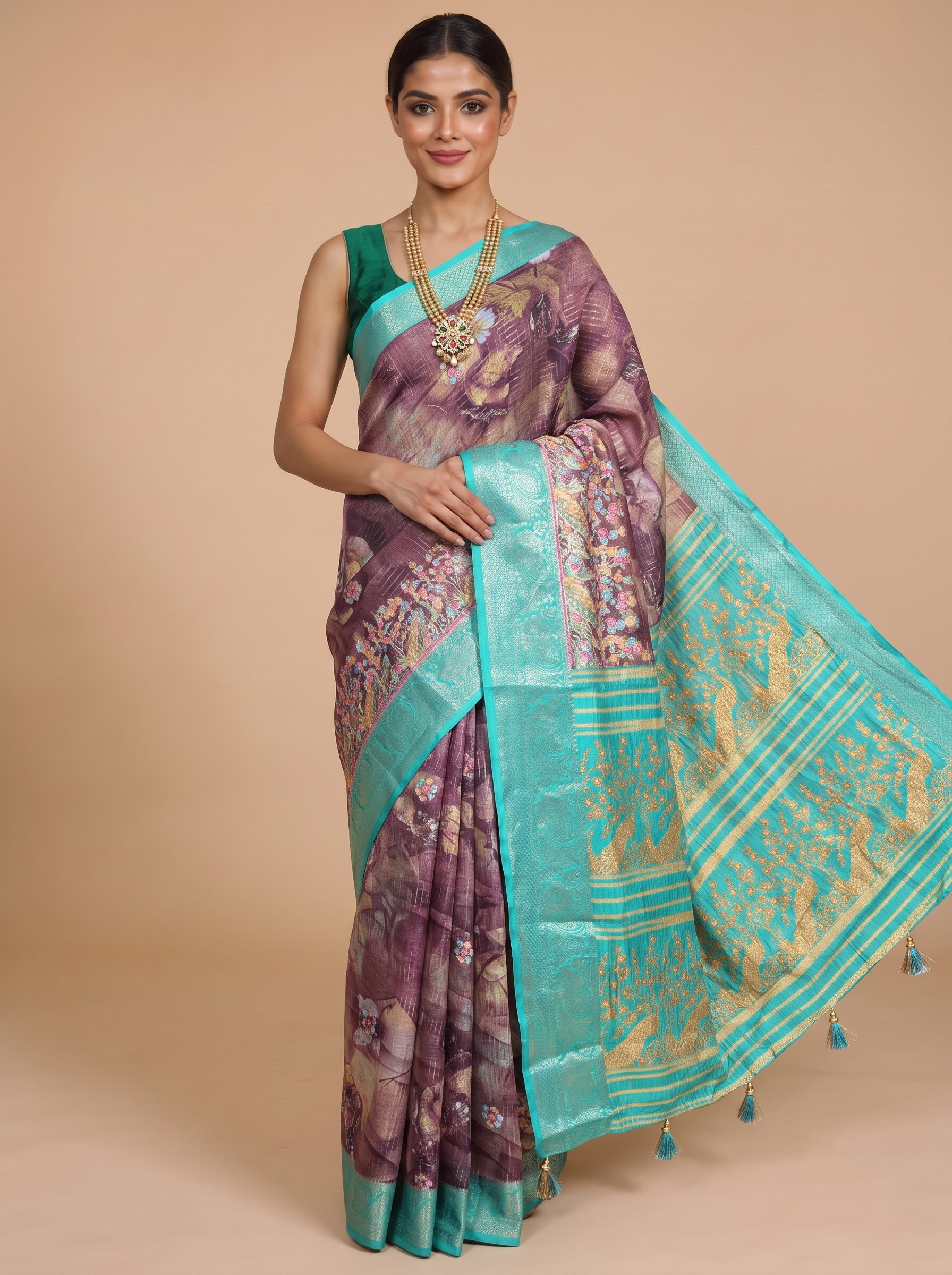 Mauve Purple with Turquoise Blue - Semi Raw Silk Saree