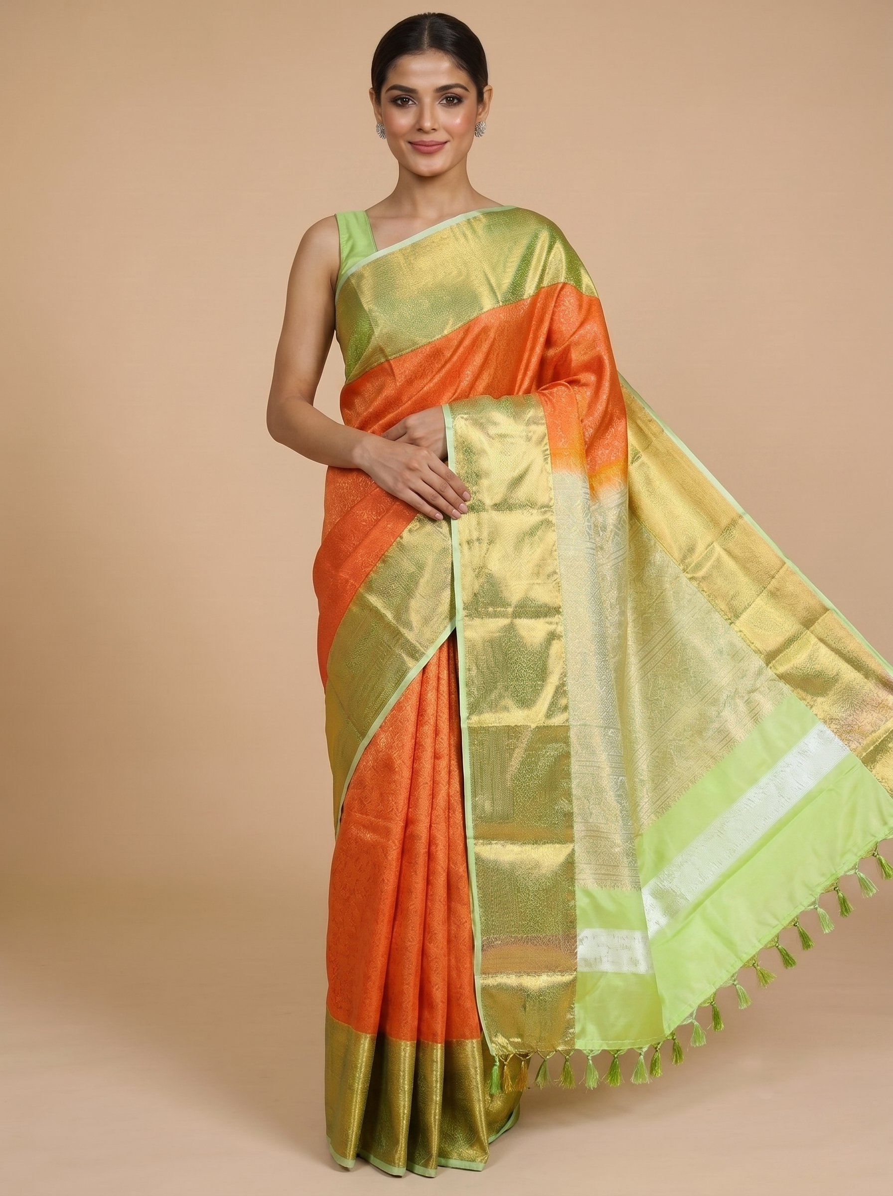 Tangerine Orange with Pastel Green Kanchipuram Fancy Silk Saree