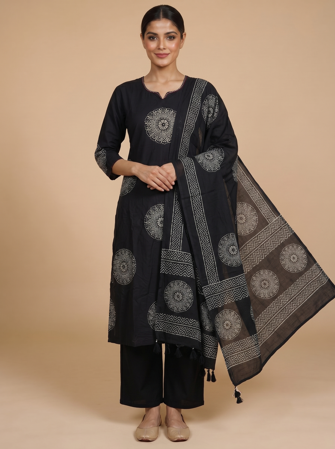 Black with White Ready Made Kurti Set