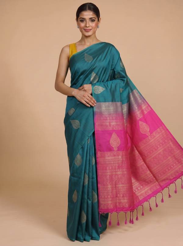 Green with Pink - Semi Silk Saree