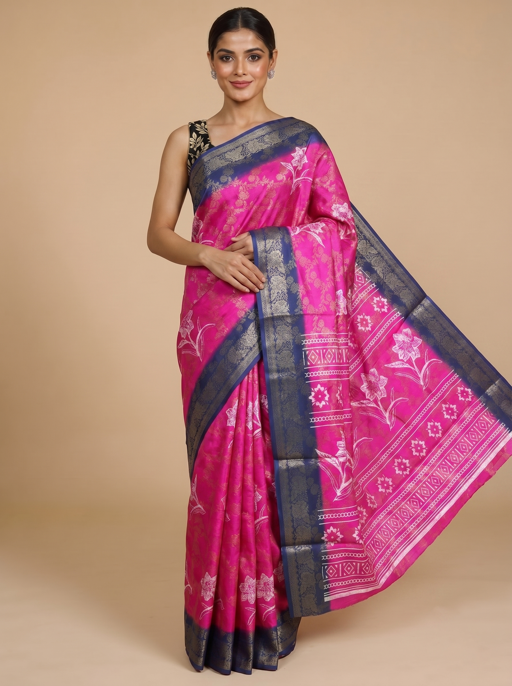 Magenta with Navy Blue - Semi Tussar Saree