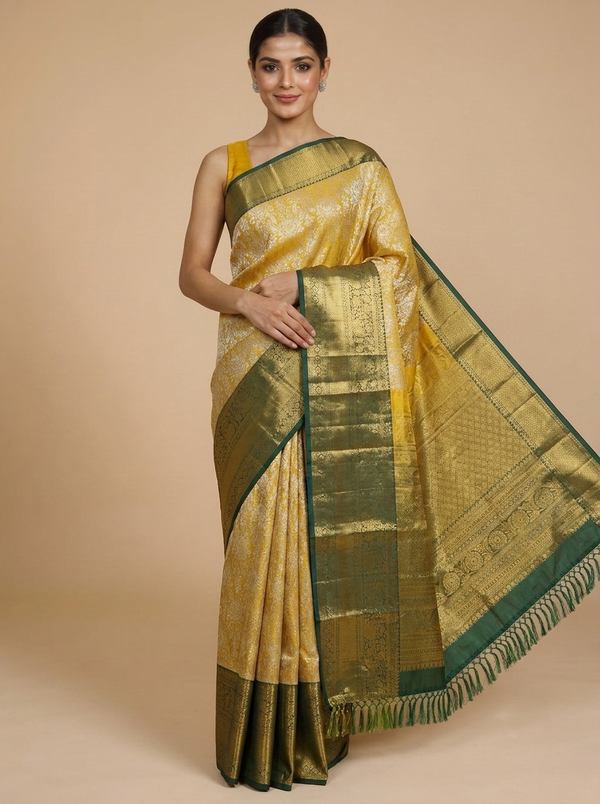 Mustard Yellow and Bottle Green Kanchipuram Silk Saree