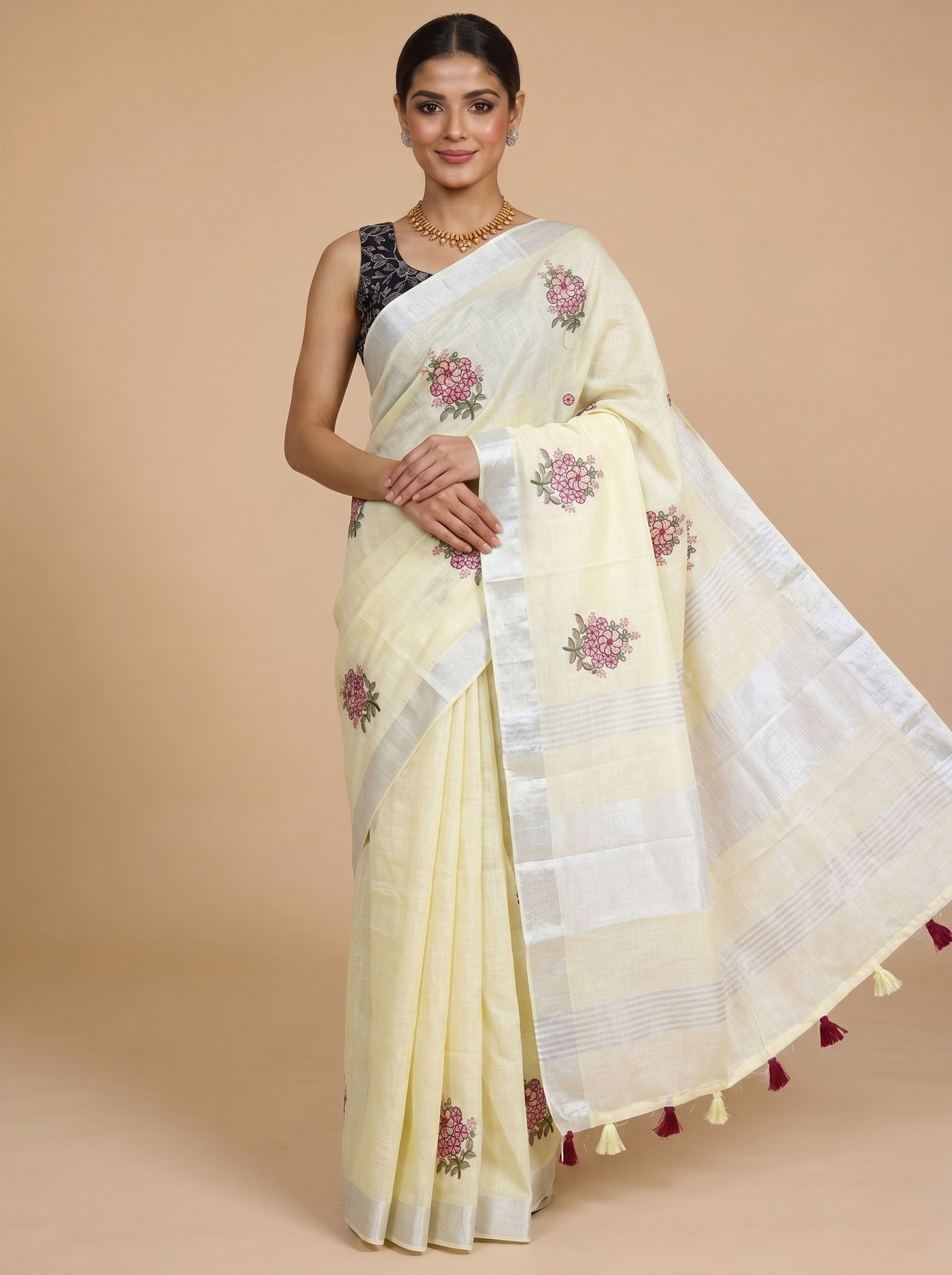 Off-White with Silver - Linen Cotton Saree