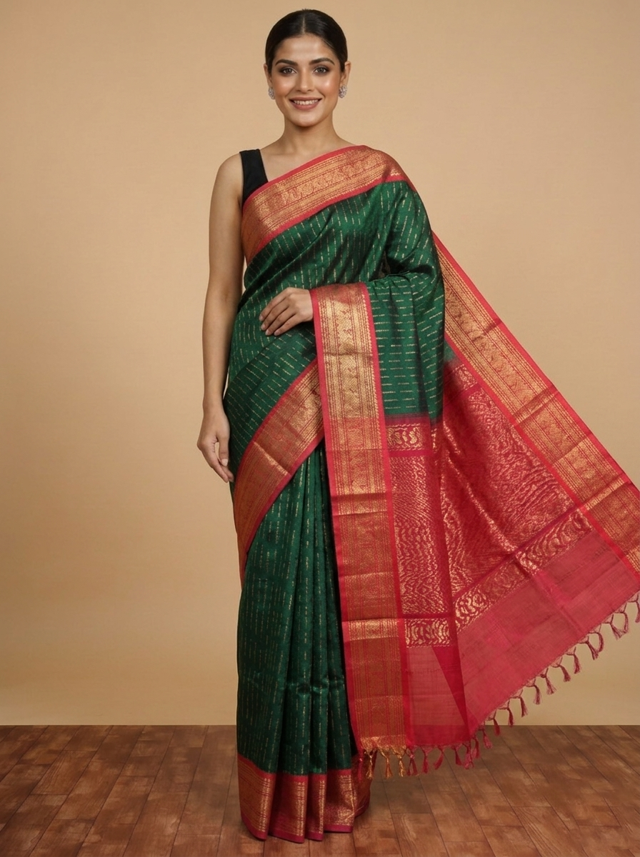 Royal Bottle Green and Crimson Red Handloom Pure Silk Cotton Saree