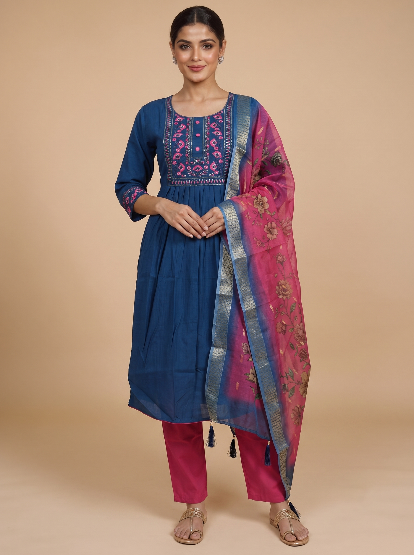 Teal Blue with Magenta Dupatta Anarkali Set