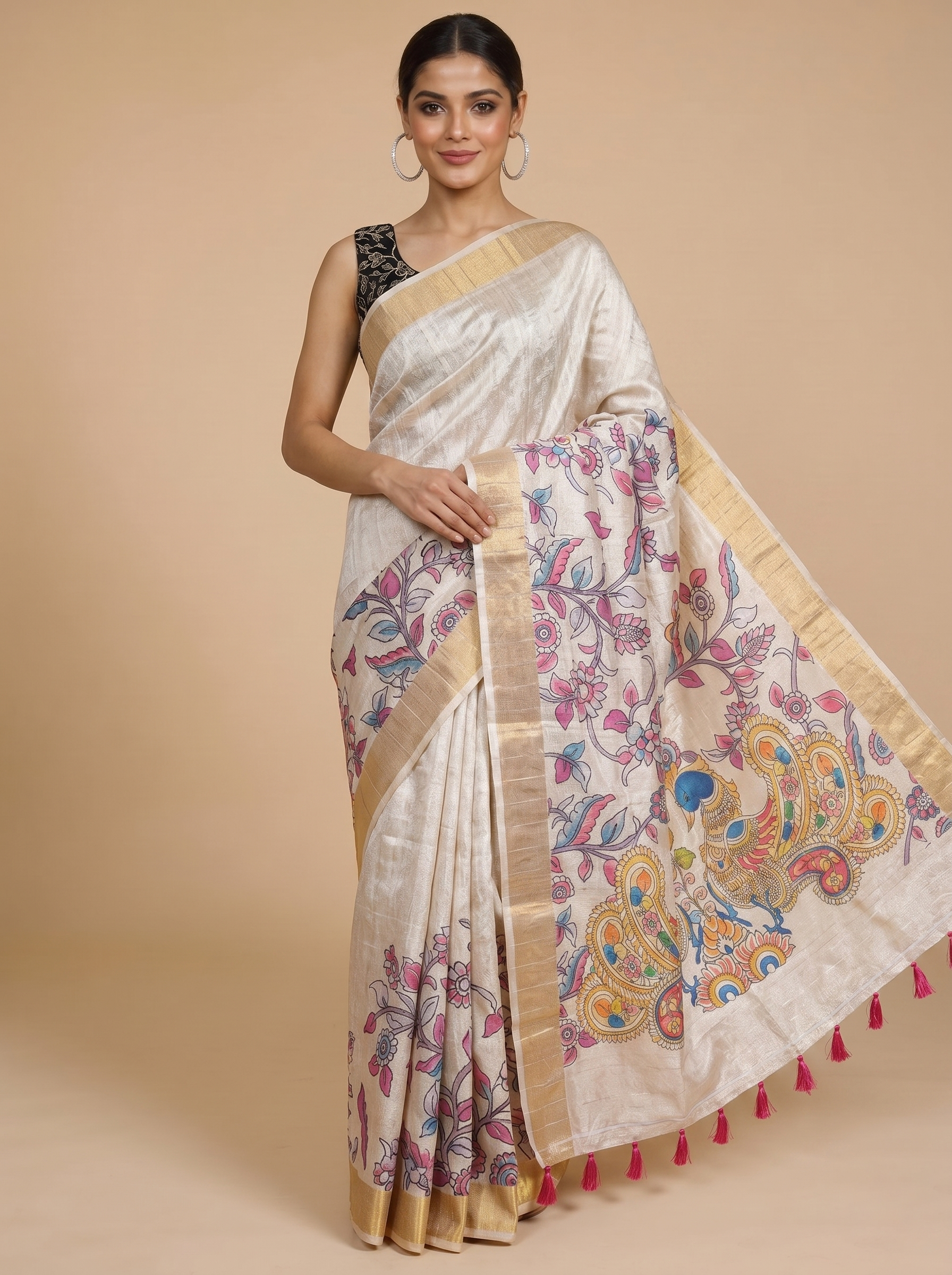 Off-White base with a vibrant multicolor Dola Silk Saree
