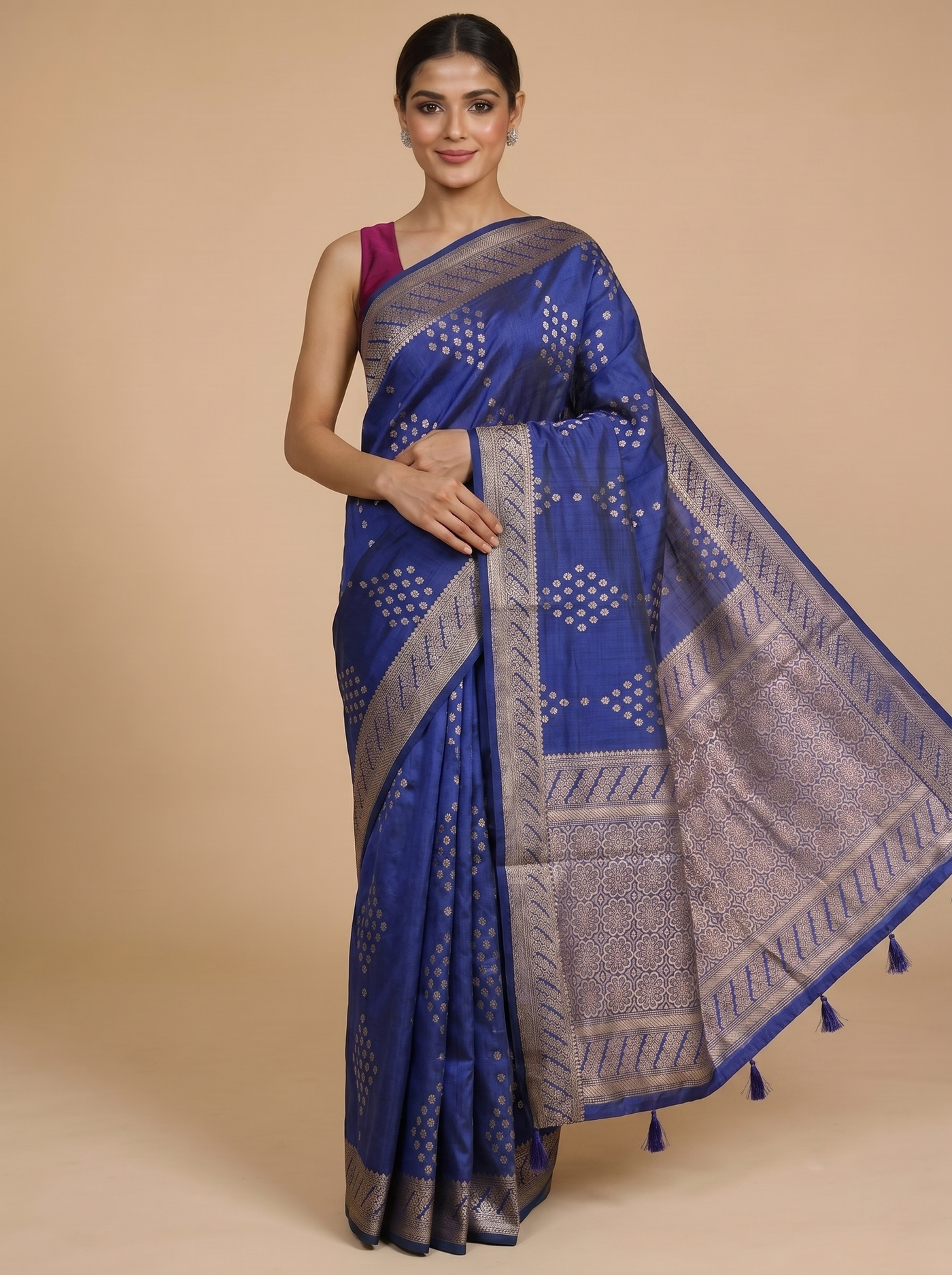 Royal Blue with Antique Silver Pallu - Semi Tussar Saree