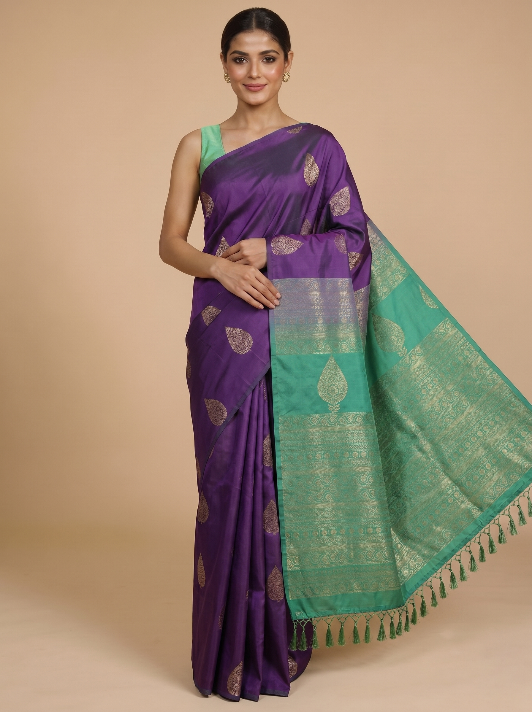 Purple with Green - Semi Silk Saree