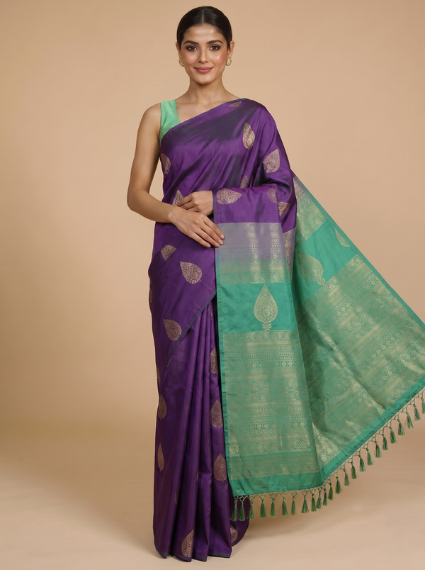 Purple with Green - Semi Silk Saree