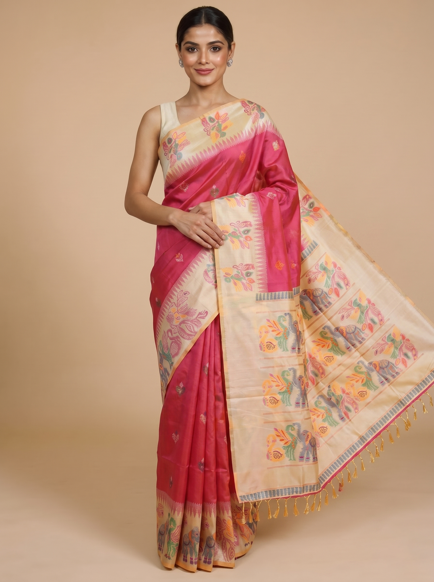 Pink and Cream Fancy Silk Saree