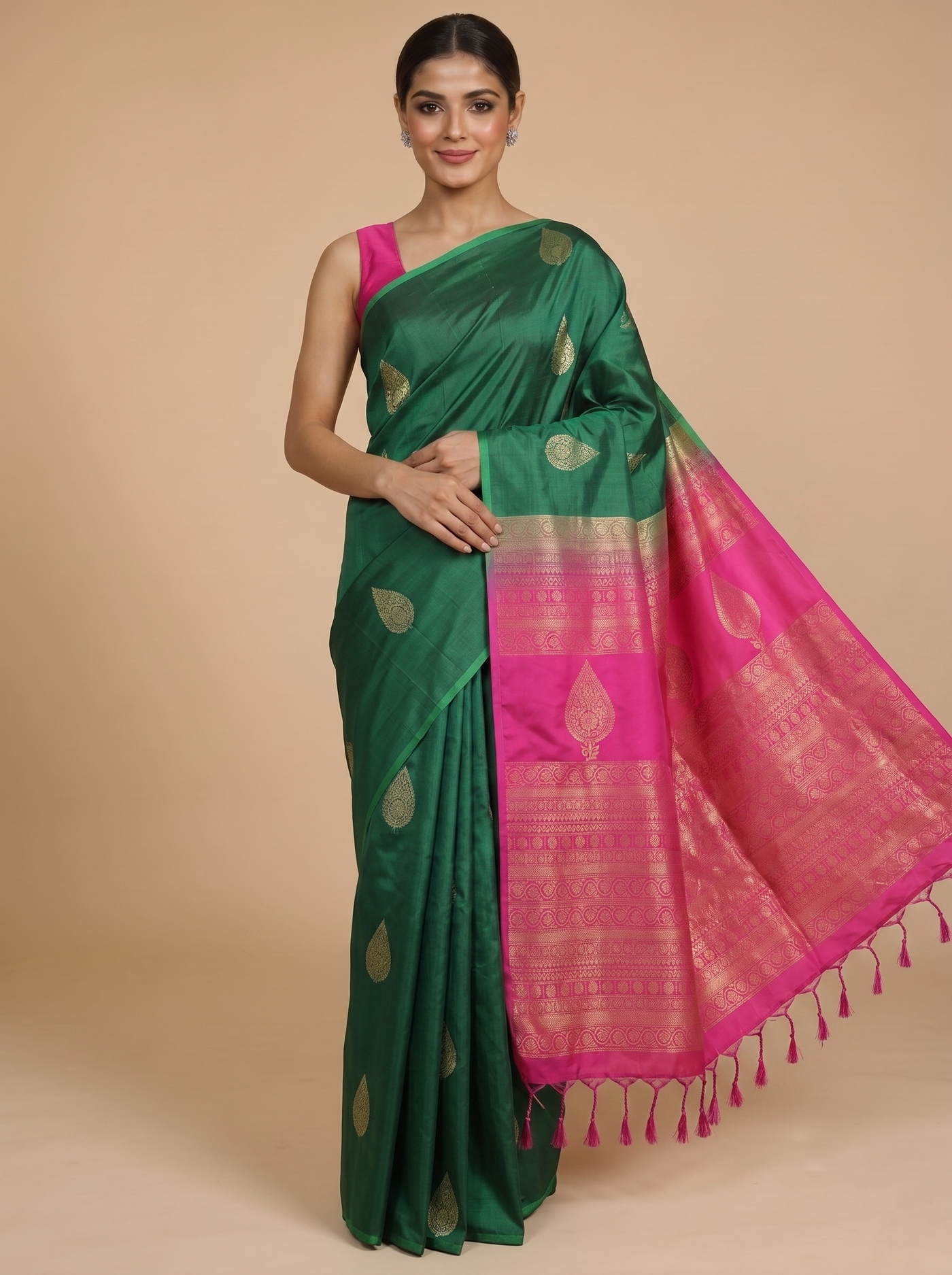 Green with Pink - Semi Silk Saree