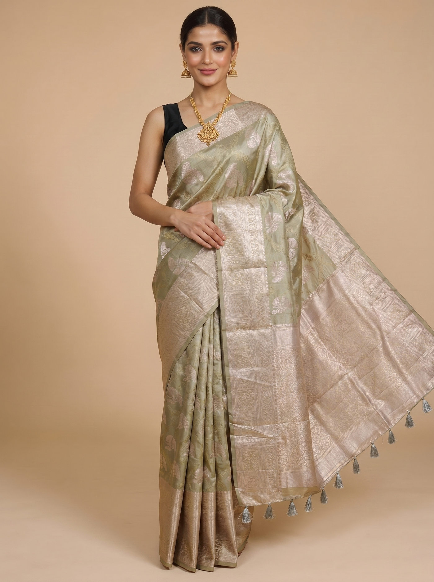Olive Green with Rose Gold - Semi Tussar Saree