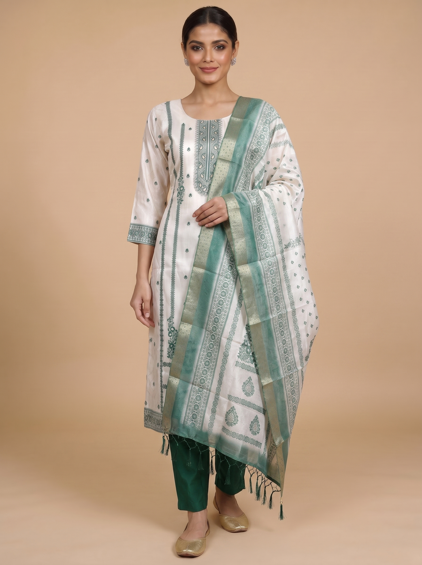 Off-White with Green Ready Made Salwar Suit